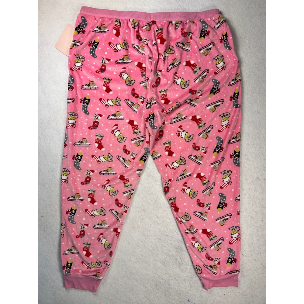 Goodnight Kiss Womens 1X Christmas Pajama Pants Pink Cats Holiday NWT